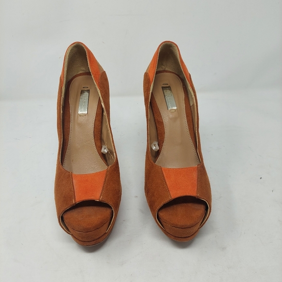 LOB Footwear Brown Orange Faux Suede Two Tone Platform Peep Toe High Heels Sz 6 - Picture 2 of 10